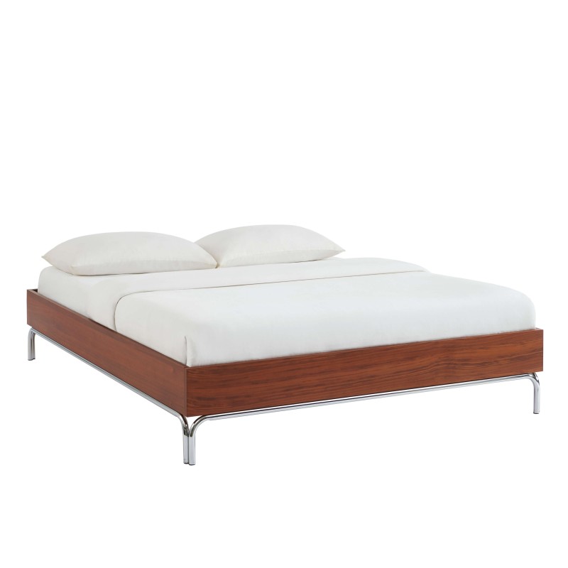 Lit MAGGY 160x200 placage noyer et pieds métal chromé sommier inclus