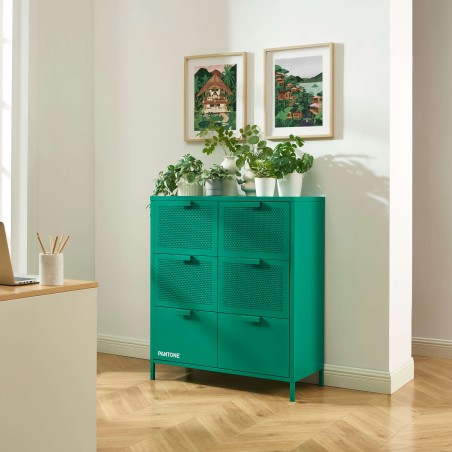 Kommode PANTONE mit 6 Schubladen aus smaragdgrünem Metall, 90 cm