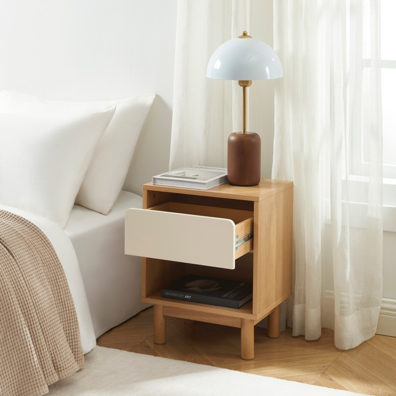 Table de chevet THALIA effet chêne et tiroir beige