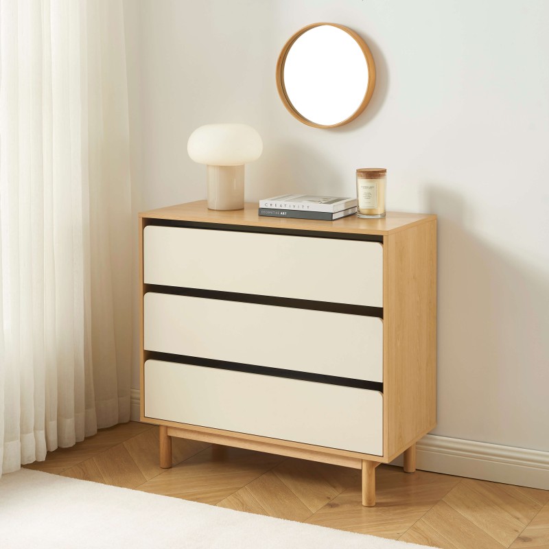 Kommode THALIA 3 Schubladen beige und Eiche-Optik 90 cm