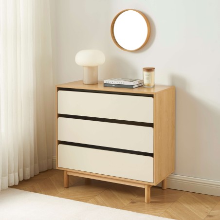 Kommode THALIA 3 Schubladen beige und Eiche-Optik 90 cm