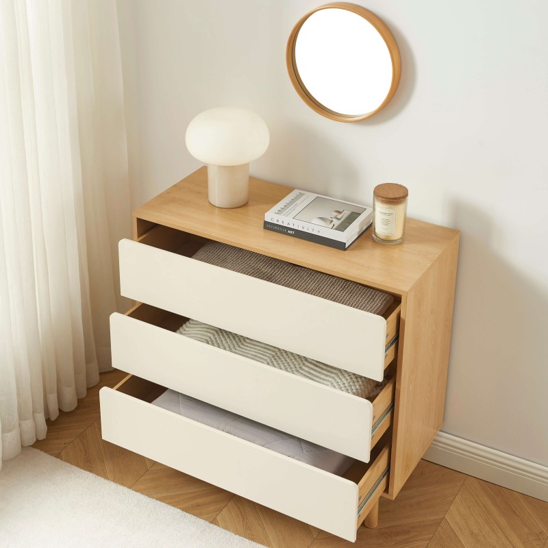 Kommode THALIA 3 Schubladen beige und Eiche-Optik 90 cm