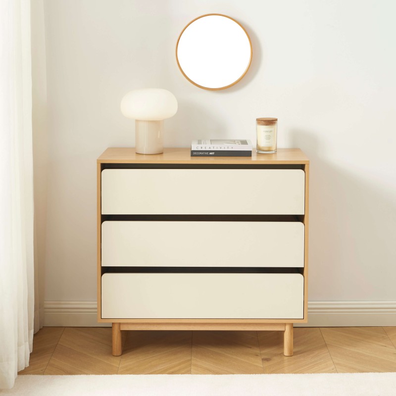 Kommode THALIA 3 Schubladen beige und Eiche-Optik 90 cm