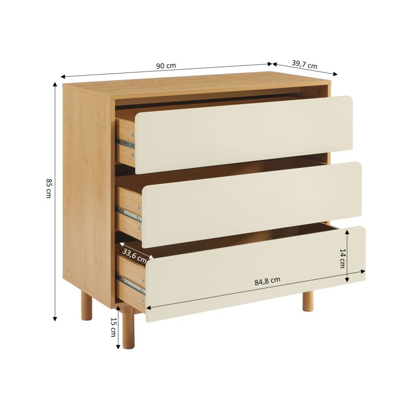 Kommode THALIA 3 Schubladen beige und Eiche-Optik 90 cm