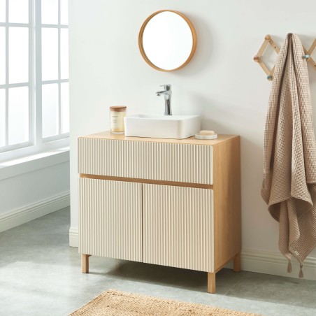 Waschtischunterschrank ORCA in Eiche-Optik mit beigen Türen, 80 cm