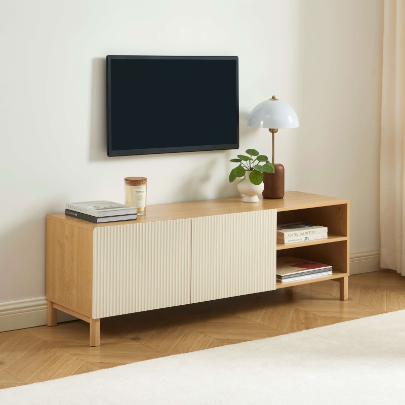 Meuble TV ORCA effet chêne et portes beiges 140 cm