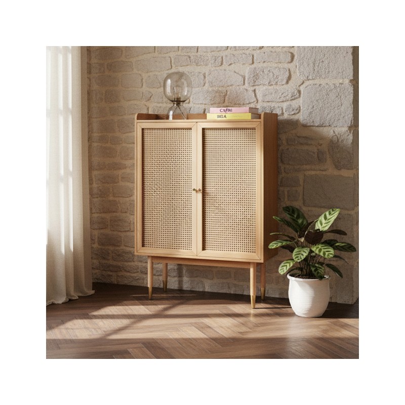 Hohe Anrichte LEON aus Eichenfurnier und Rattangeflecht, 90 cm