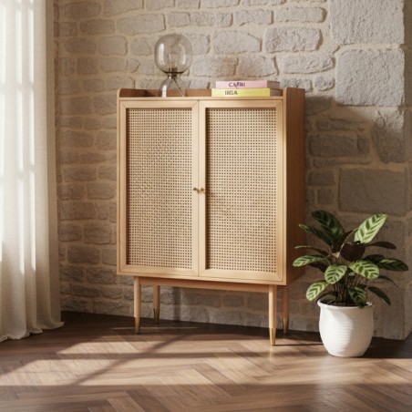 Buffet haut LEON placage chêne et cannage rotin 90cm
