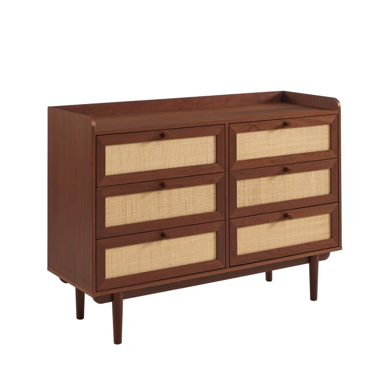 Cassettiera LEON in noce e rattan con 6 cassetti, 120 cm