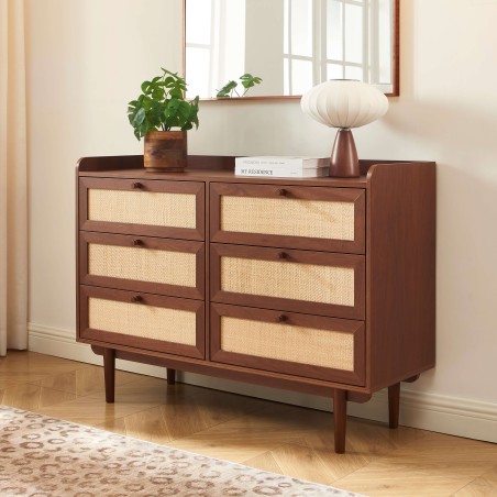 Cassettiera LEON in noce e rattan con 6 cassetti, 120 cm