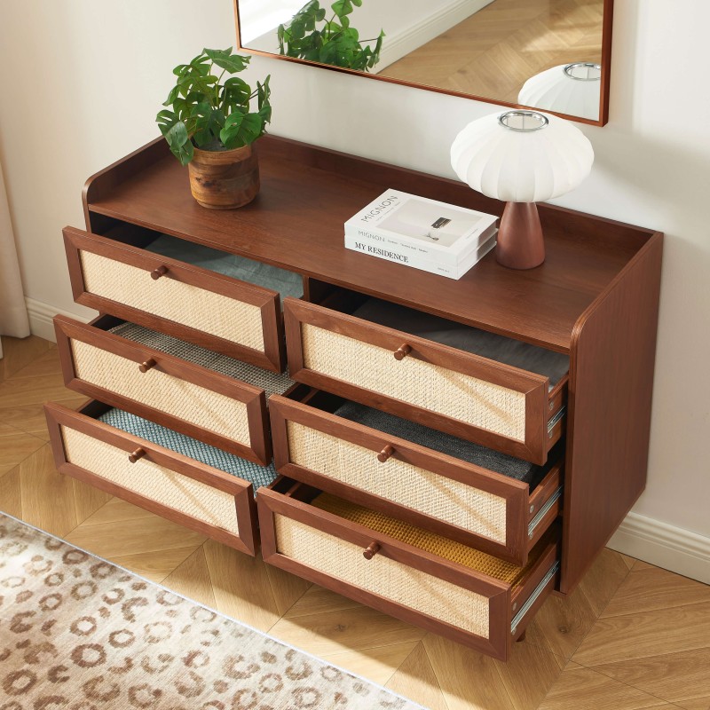 Cassettiera LEON in noce e rattan con 6 cassetti, 120 cm