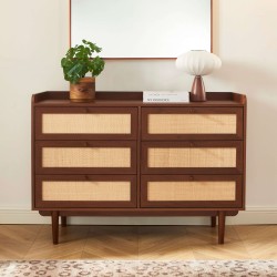 Cassettiera LEON in noce e rattan con 6 cassetti, 120 cm