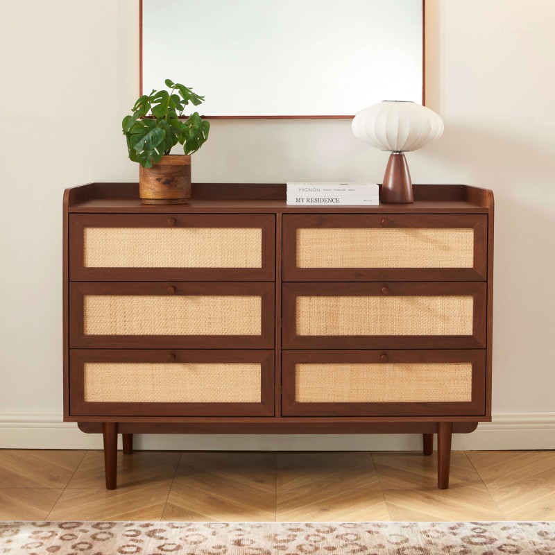 Cassettiera LEON in noce e rattan con 6 cassetti, 120 cm