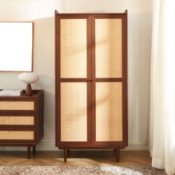 Armadio LEON in noce e rattan a 2 ante, H190 cm