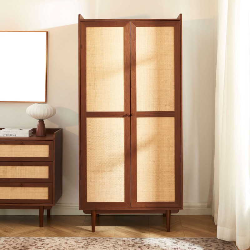 Armadio LEON in noce e rattan a 2 ante, H190 cm