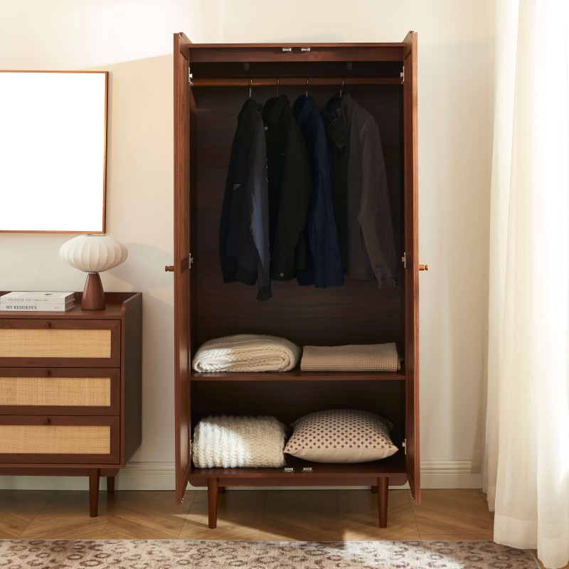 Armadio LEON in noce e rattan a 2 ante, H190 cm