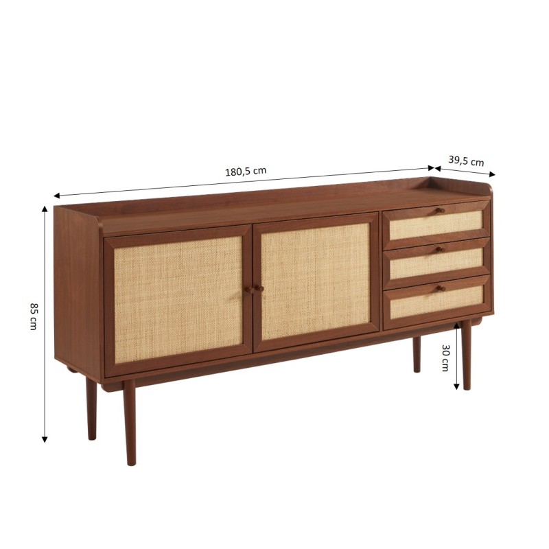 Credenza LEON in noce e rattan 2 ante 3 cassetti 180 cm