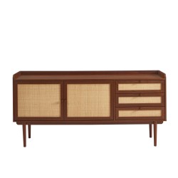 Credenza LEON in noce e rattan 2 ante 3 cassetti 180 cm