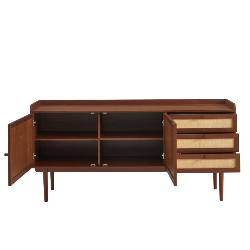 Credenza LEON in noce e rattan 2 ante 3 cassetti 180 cm