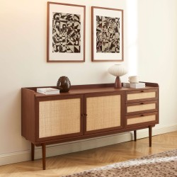 Credenza LEON in noce e rattan 2 ante 3 cassetti 180 cm