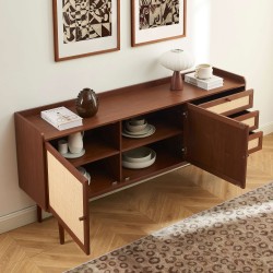 Credenza LEON in noce e rattan 2 ante 3 cassetti 180 cm