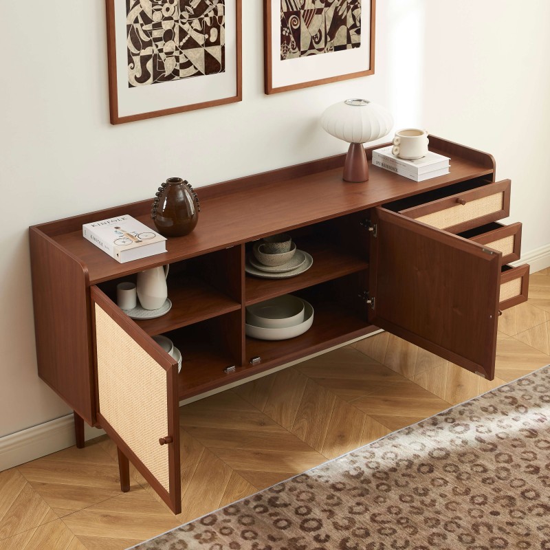 Credenza LEON in noce e rattan 2 ante 3 cassetti 180 cm