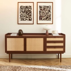 Credenza LEON in noce e rattan 2 ante 3 cassetti 180 cm