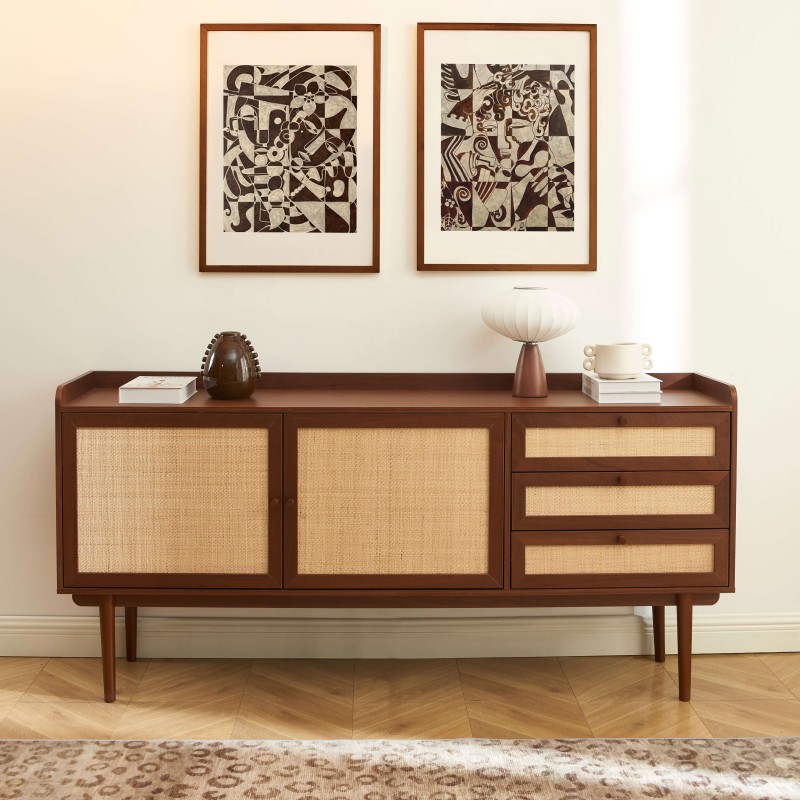 Credenza LEON in noce e rattan 2 ante 3 cassetti 180 cm