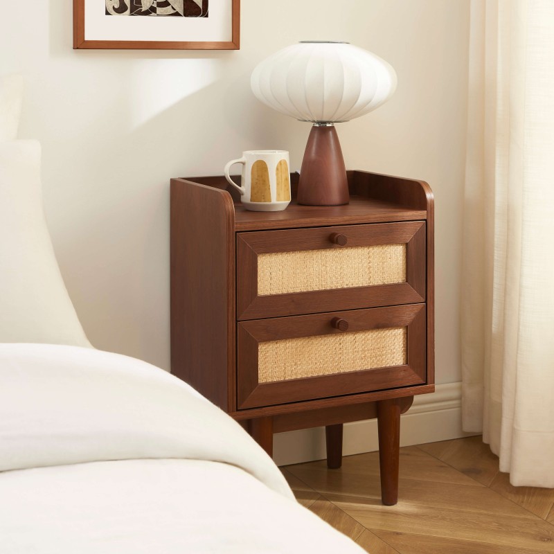 Nachttisch LEON aus Walnuss und Rattan