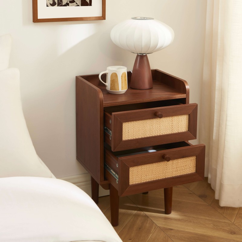 Nachttisch LEON aus Walnuss und Rattan