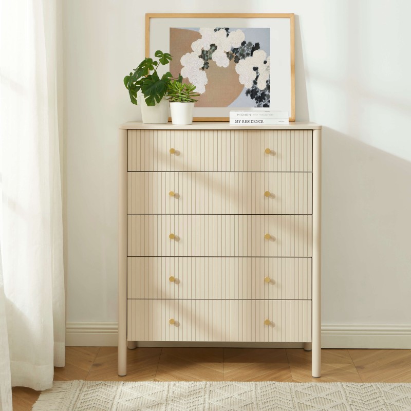 Commode CLEO laqué beige 5 tiroirs 90cm