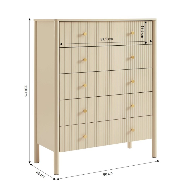 Commode CLEO laqué beige 5 tiroirs 90cm