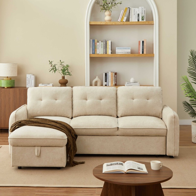 Canapé d'angle convertible et réversible IMPA 4 places tissu chenille beige