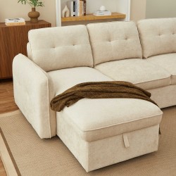 Canapé d'angle convertible et réversible IMPA 4 places tissu chenille beige