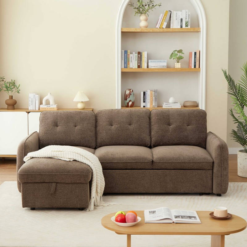 Canapé d'angle convertible et réversible IMPA 4 places tissu chenille marron