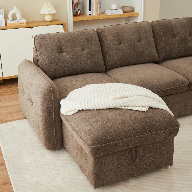 Canapé d'angle convertible et réversible IMPA 4 places tissu chenille marron