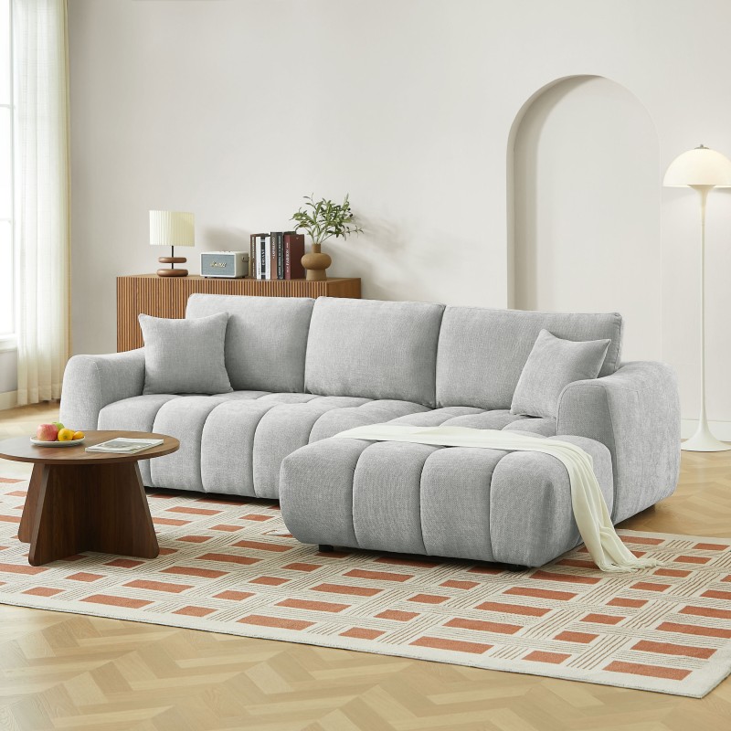 Divano angolare fisso KEREA a sinistra, 4 posti, tessuto ciniglia grigio