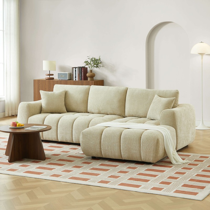 Canapé d'angle droit fixe KEREA 4 places tissu chenille taupe