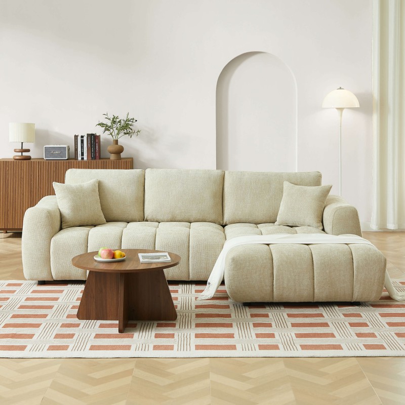 Canapé d'angle droit fixe KEREA 4 places tissu chenille taupe