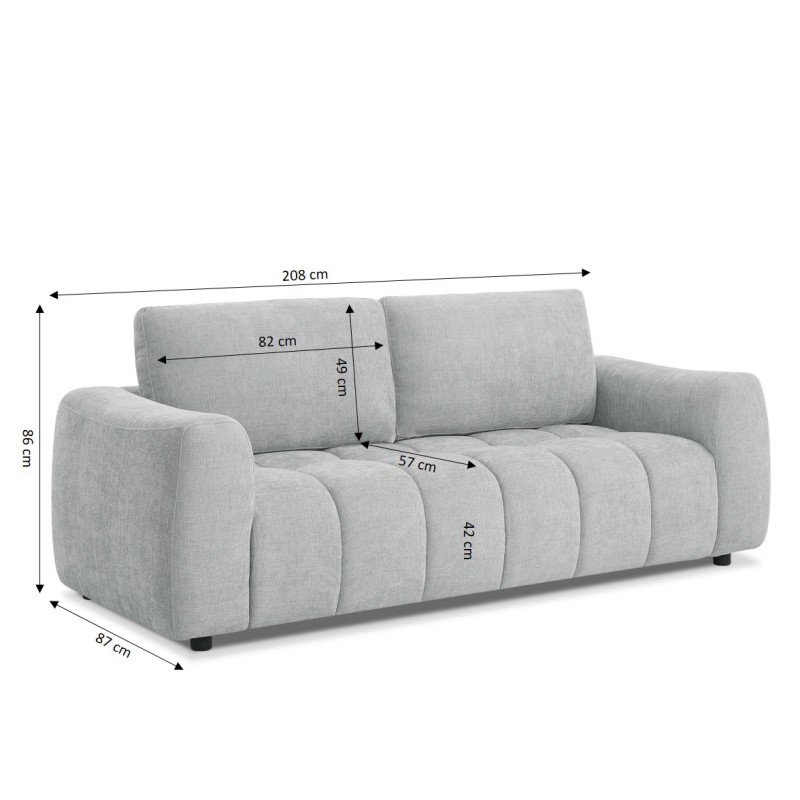 Canapé droit fixe KEREA 3 places tissu chenille gris