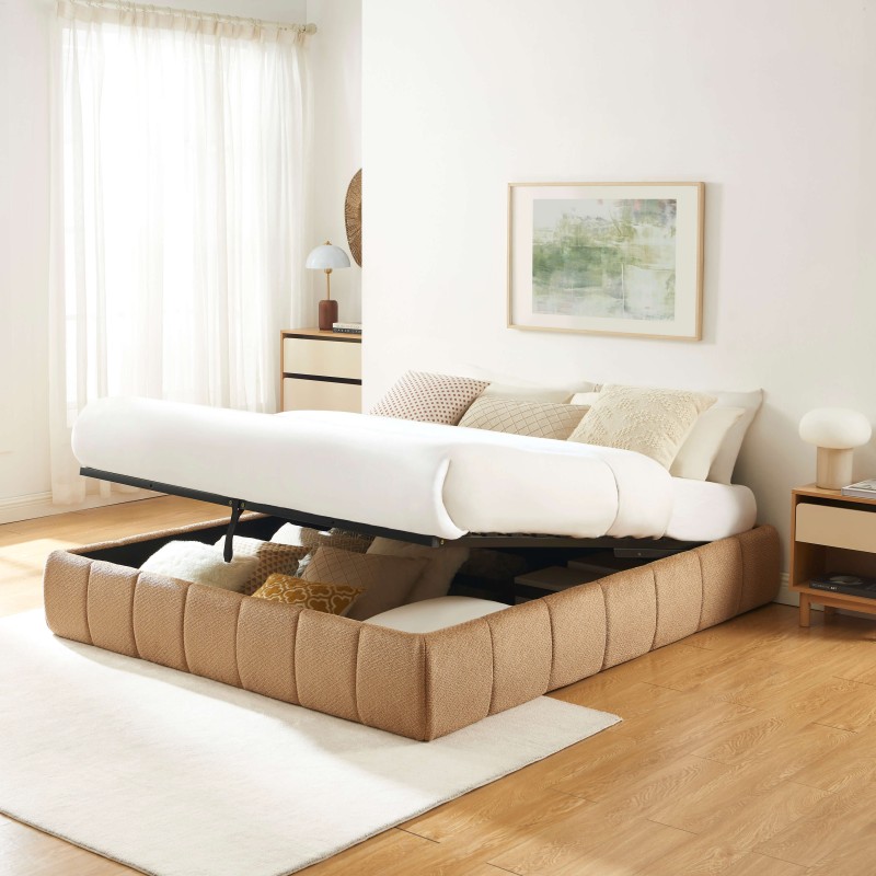 Lit coffre LAVINIA tissu chenille caramel 160x200 sommier inclus