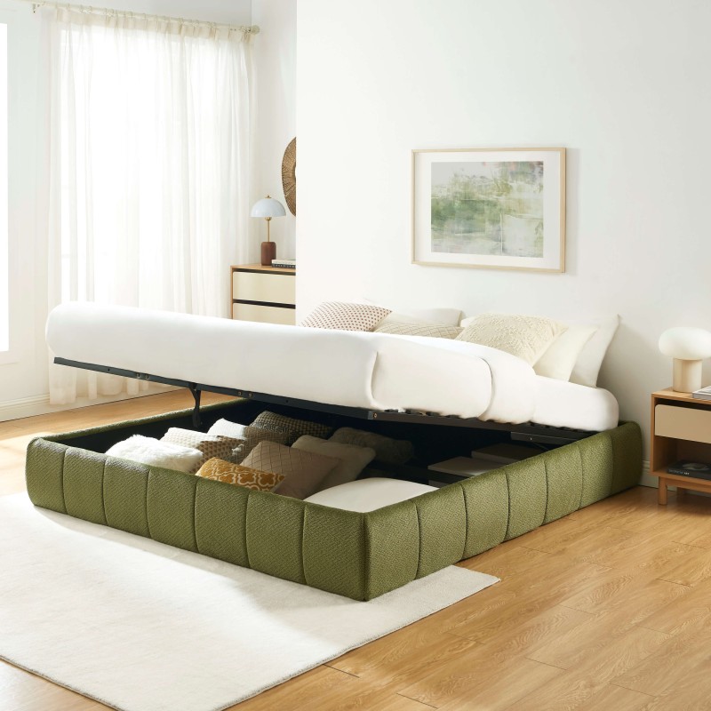 Lit coffre LAVINIA tissu chenille vert 180x200 sommier inclus