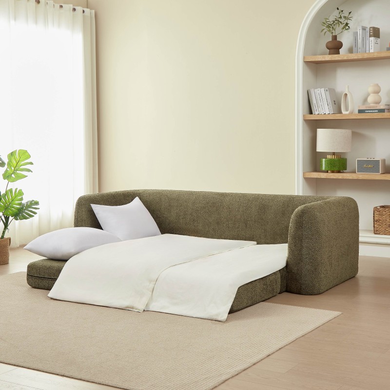 MORPHEO 3-Sitzer-Kompressions-Klappsofa, grüner Bouclé-Stoff