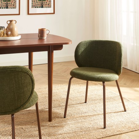 Set aus 2 SERENA Stühlen aus grünem Chenille-Stoff mit braunen Metallbeinen
