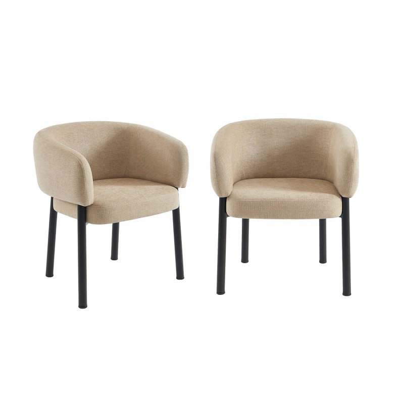 Lot de 2 fauteuils de table ABELIA velours tramé beige et pieds métal noir