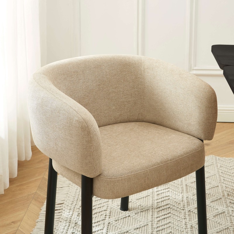 Lot de 4 fauteuils de table ABELIA velours tramé beige et pieds métal noir