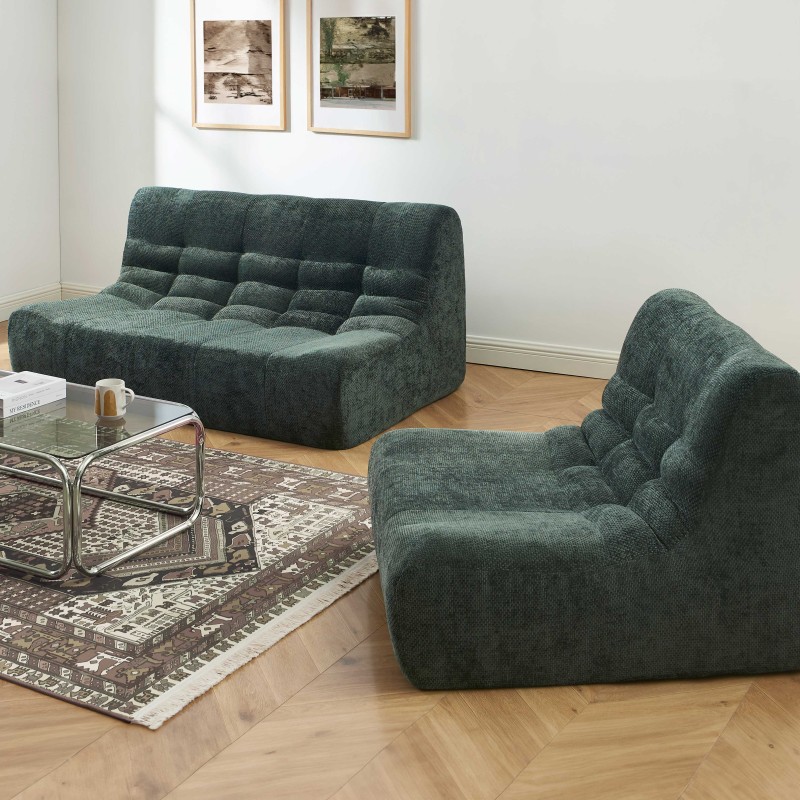 Ensemble banquette et chauffeuse JANIS modulable 3 places tissu chenille vert