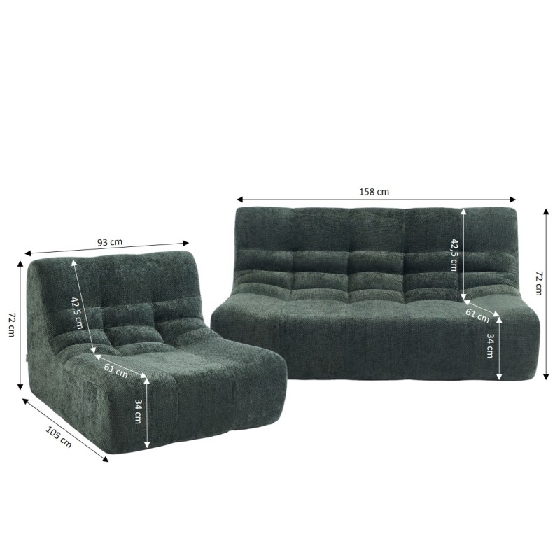 Ensemble banquette et chauffeuse JANIS modulable 3 places tissu chenille vert