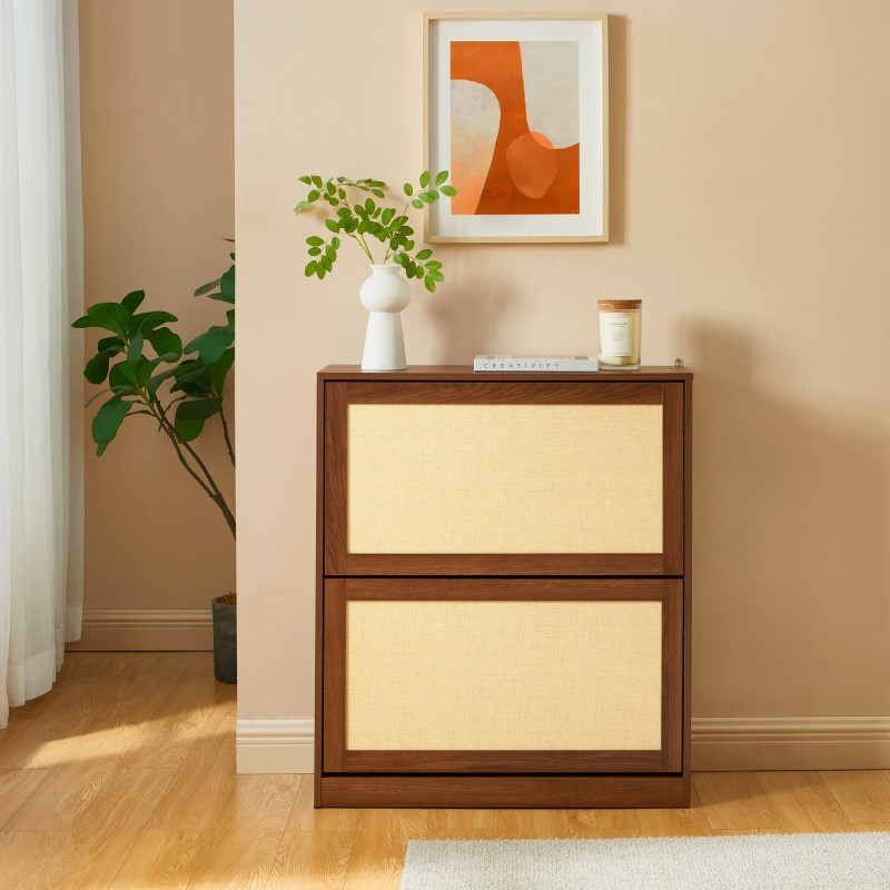 Meuble à chaussures HARIA effet noyer et rotin