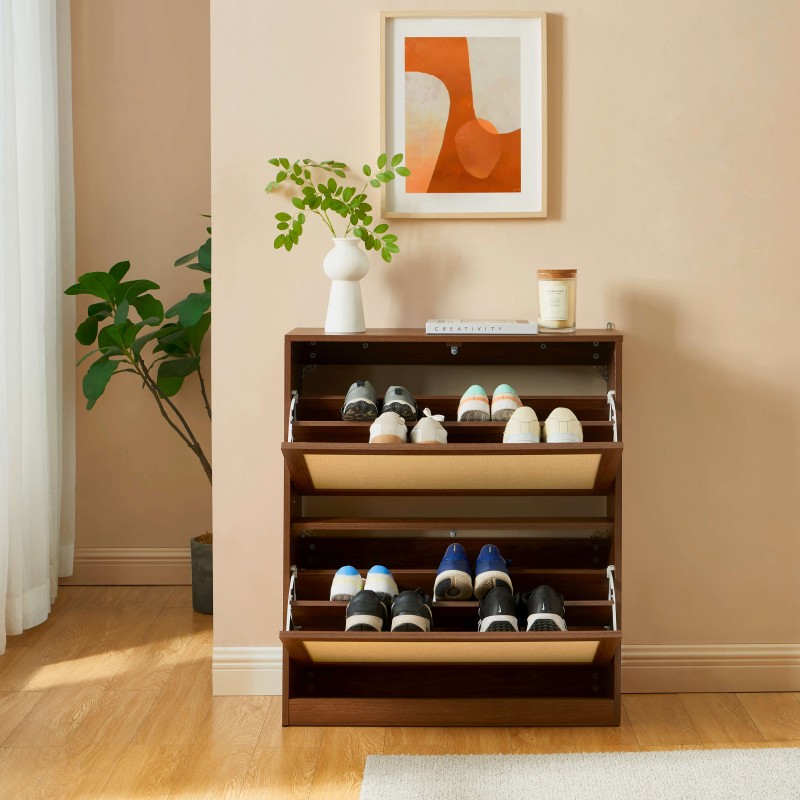 Meuble à chaussures HARIA effet noyer et rotin